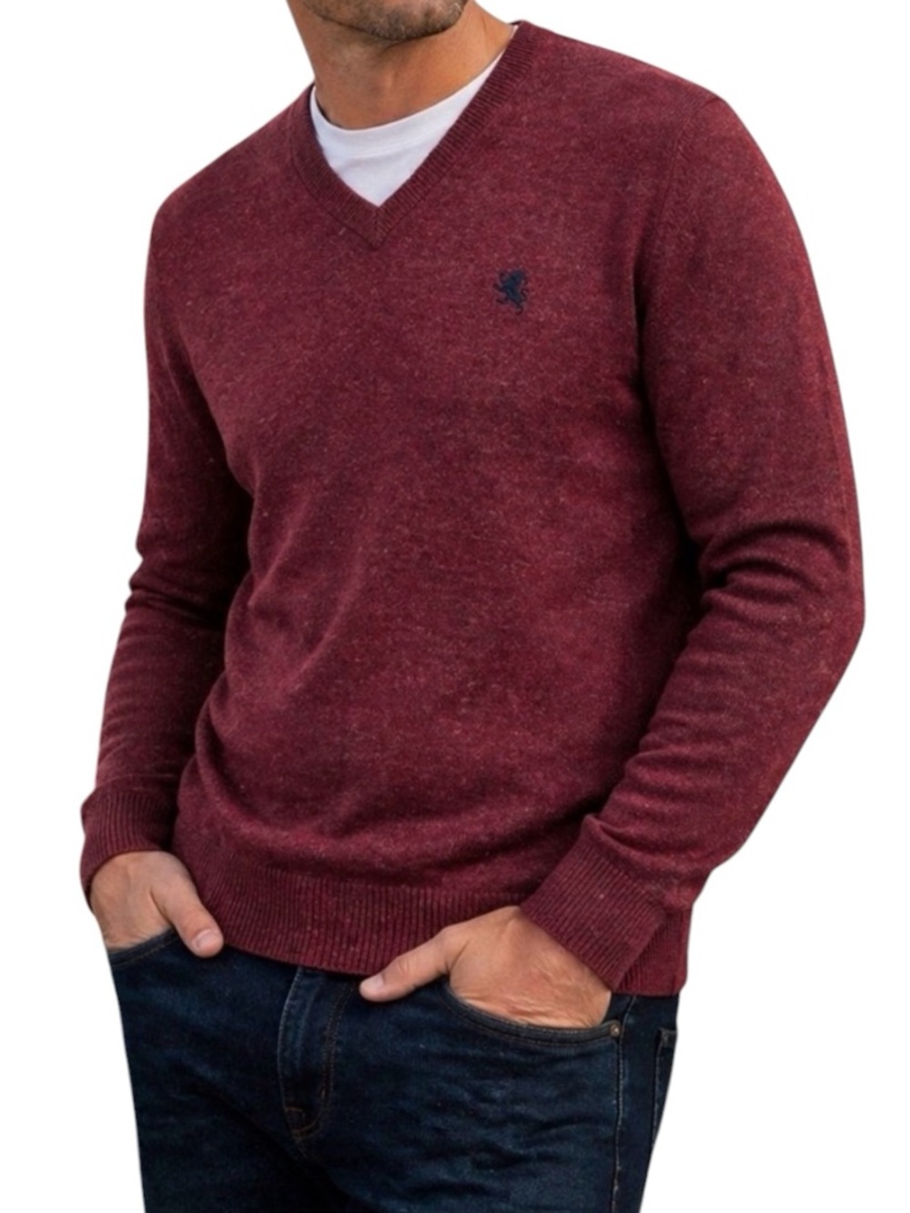 Express Mens Large V Neck Sweater Red Heather Knit Classic Lightweight Casual